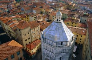 Aerial view of San Giovanni Baptistry, Piazza del Duomo, Pistoia, Tuscany, Italy